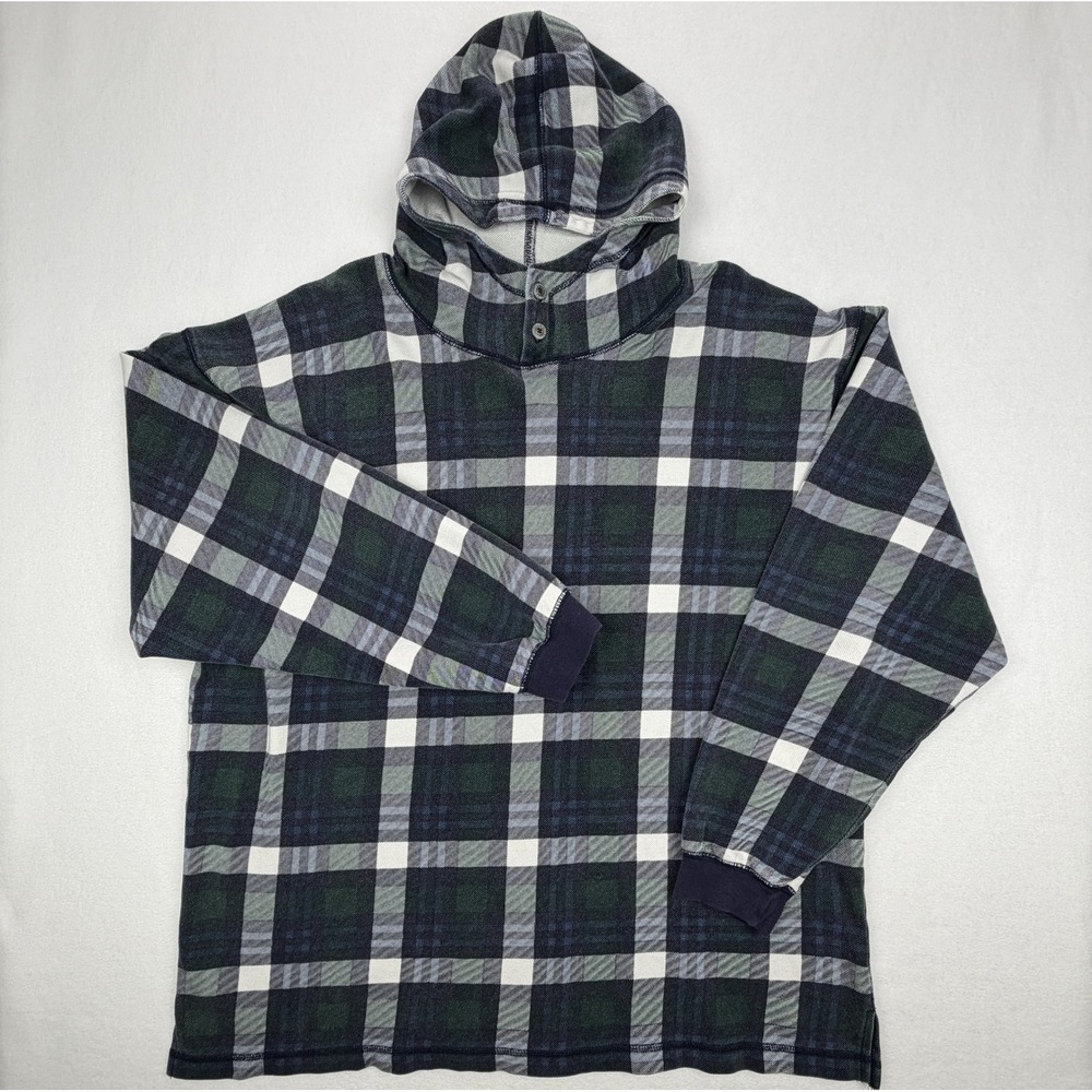 Vintage Structure Jeans Wear Plaid Hooded Henley Pullover Green Navy XL Cotton